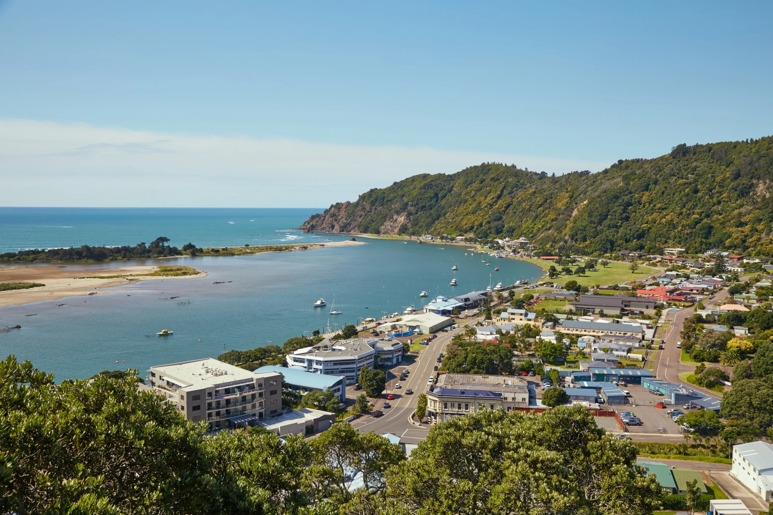 Aerial view of Whakatane town and surrounding landscape from drone